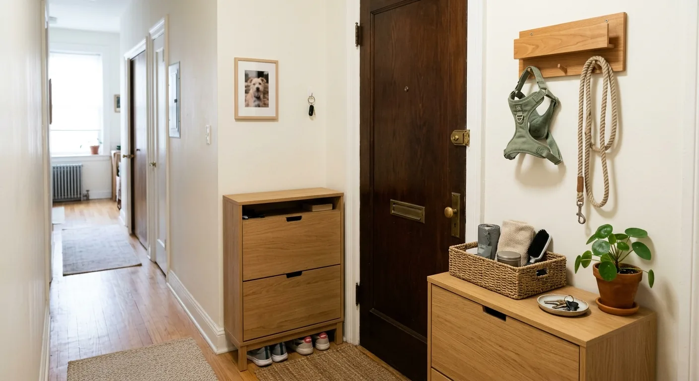 Narrow apartment entryway with a leash, harness, waste bags, towel, and small basket arranged as a renter-friendly pet walking station.