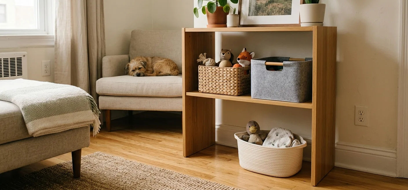 Small apartment living room with a three-bin pet toy rotation system for current toys, stored rotation toys, and washable items.