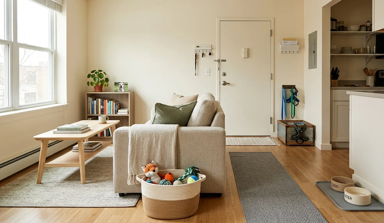 Small apartment living area with feeding, entryway, toy, cleaning, and backup pet-supply storage zones arranged in compact spaces.